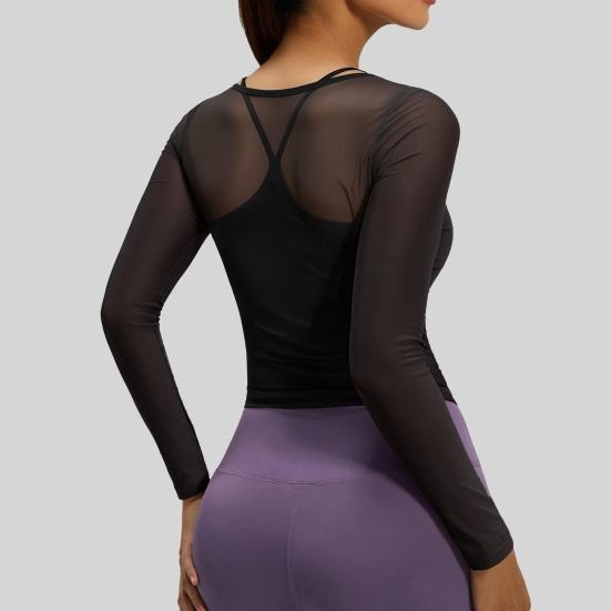 Long Sleeve Yoga Two-Piece Set for Women Mesh Gym Athletic Tops Workout Shirts with Support Sports Bra