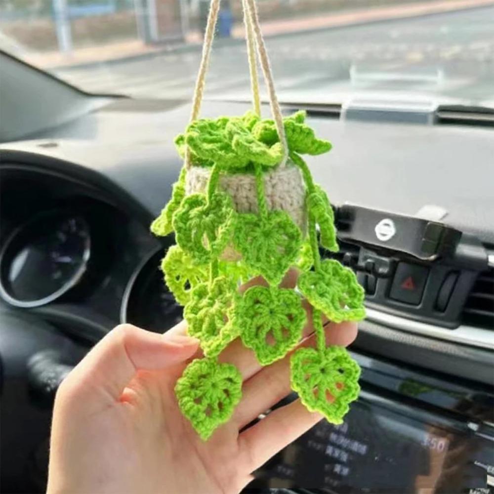 Strawberry Crochet Hanging Knitted Flower Car Mirror Hanging Accessories Cute Crochet Cars Decor Woven Plants Hanging