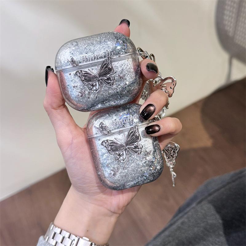 Silver Butterfly Pendant for Apple AirPods Pro1 Bluetooth Wireless Headset Cover 1/1/1 Generation Transparent Quicksand