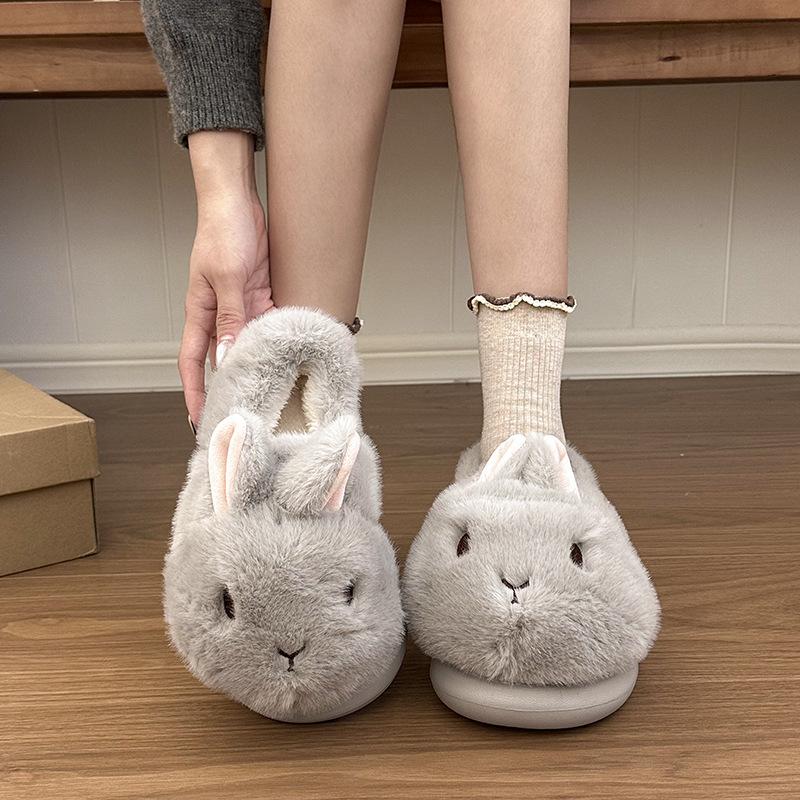 Cute Three-dimensional Rabbit Head Fluffy Slippers Women's Winter New Home Wear Velvet Warm and Comfortable Cotton Shoes