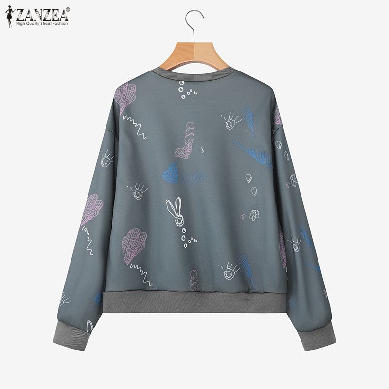 ZANZEA Women Casual Round Neck Long Sleeve Print Pullover Tops