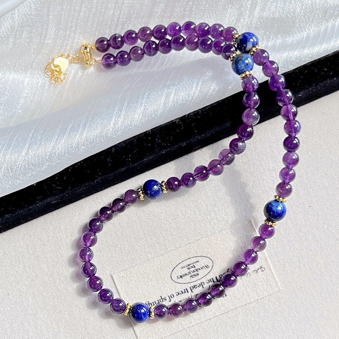 

6Mm High Quality Natural Amethyst Lapis Lazuli Design Sense Necklace Collarbone Chain