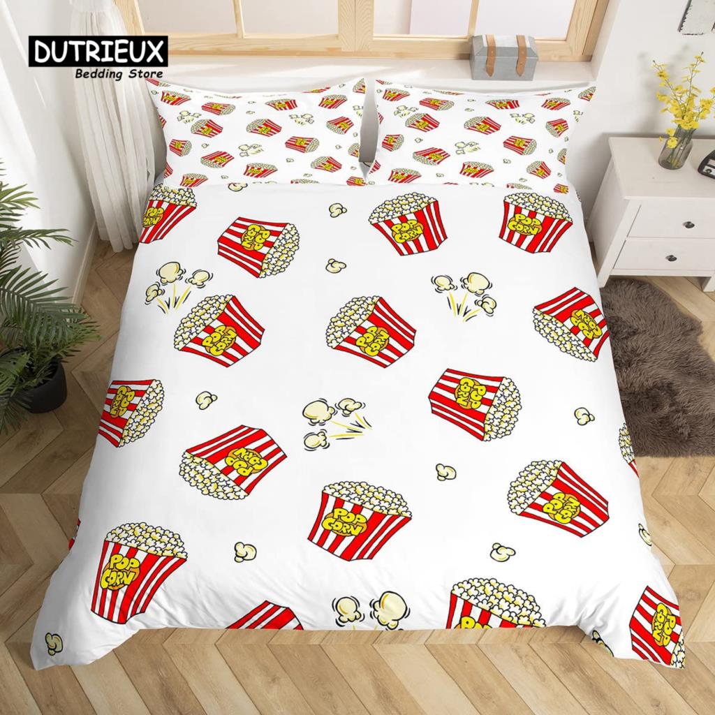 Popcorn Duvet Cover Movie Theater Food Bedding Set Microfiber Cinema Poster Comforter Cover Twin Full For Kids Teens Room Decor
