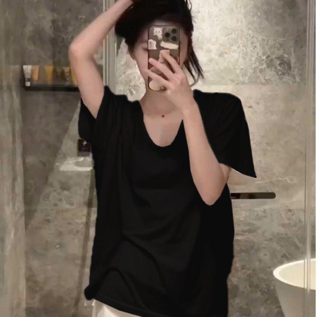 Women's Loose-Fit Korean U-Neck White T-Shirt - Short-Sleeved, Slim, Solid Color, Perfect for Summer