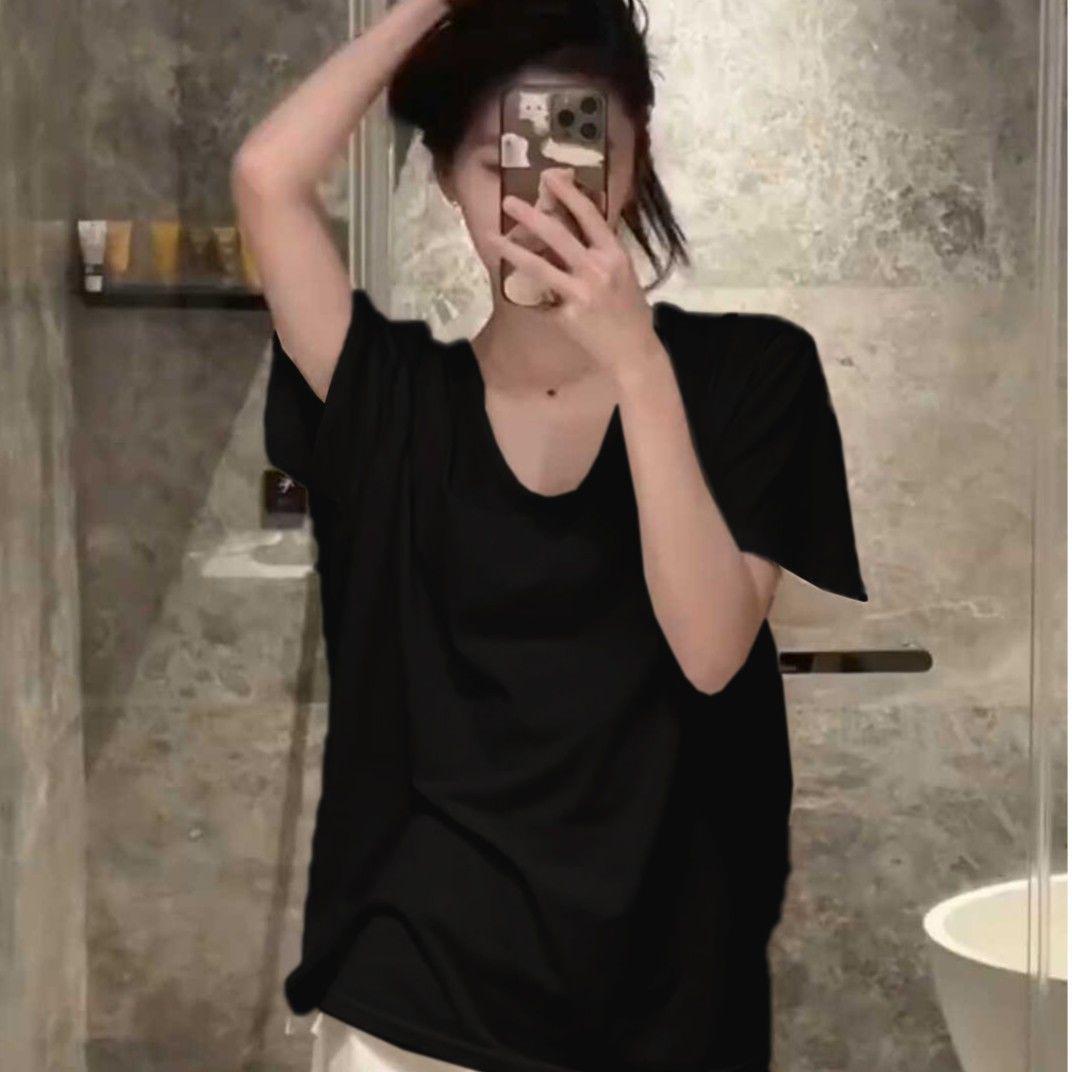 

Women s Loose-Fit Korean U-Neck White T-Shirt - Short-Sleeved, Slim, Solid Color, Perfect for Summer M