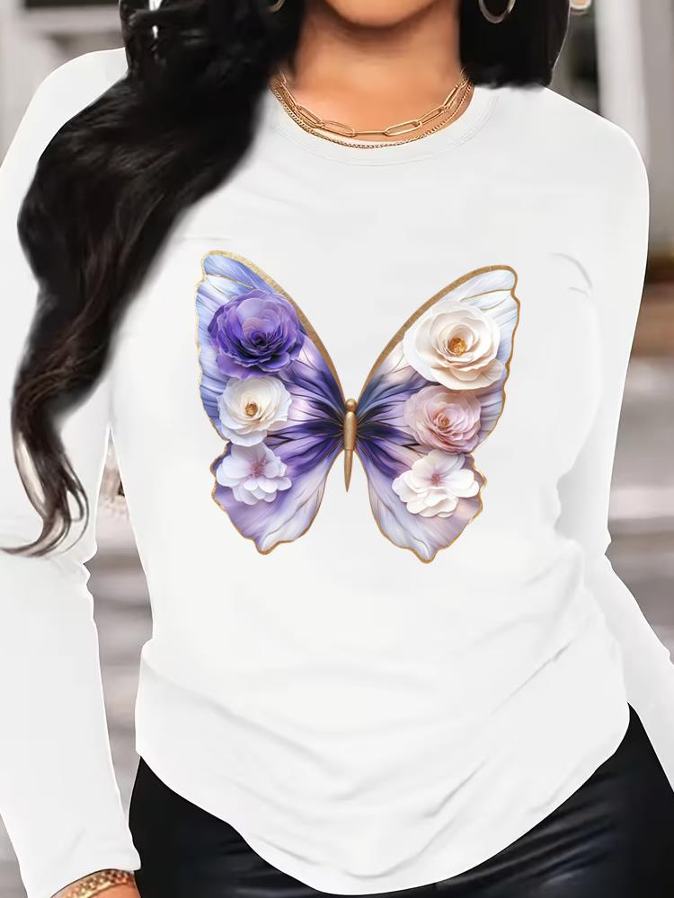 (Asian Size) Tee O-neck Print Autumn Winter Spring Women Clothing 90s Butterfly Trend Casual Long Sleeve T Shirt Fashion Top Graphic T-shirts