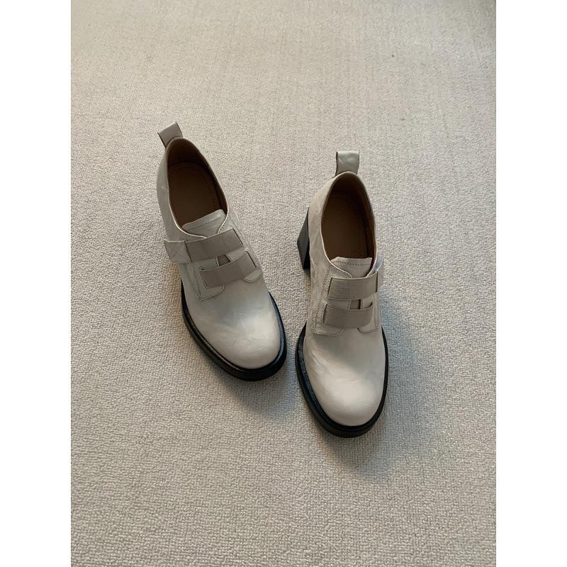 Cowhide Version~ High Heel Loafers Round Head Retro British Velcro Thick Heel Small Leather Shoes Femininity Deep Mouth Single Shoes