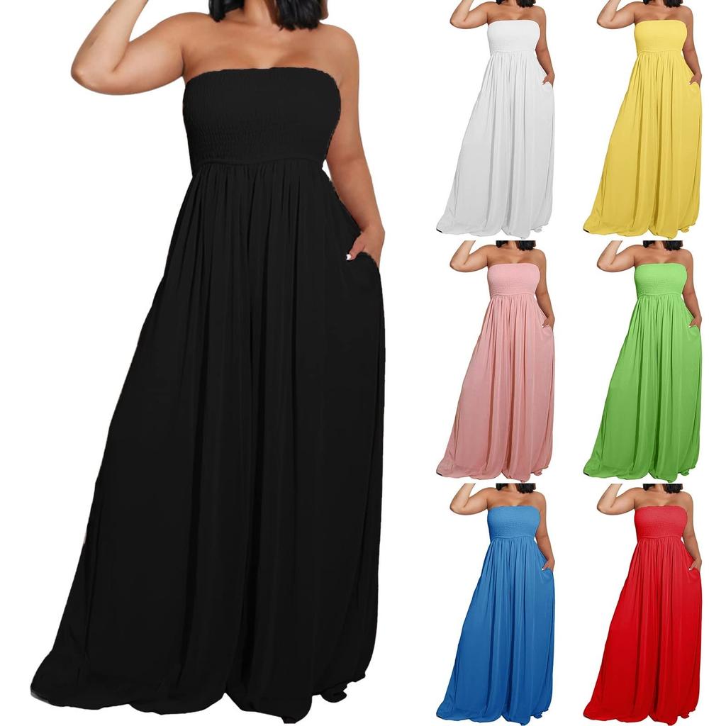 Women's Plus Size Strapless Tube Top Wide Leg Pants Jumpsuit Baggy Off Shoulder Overalls Smocked Romper With Pockets