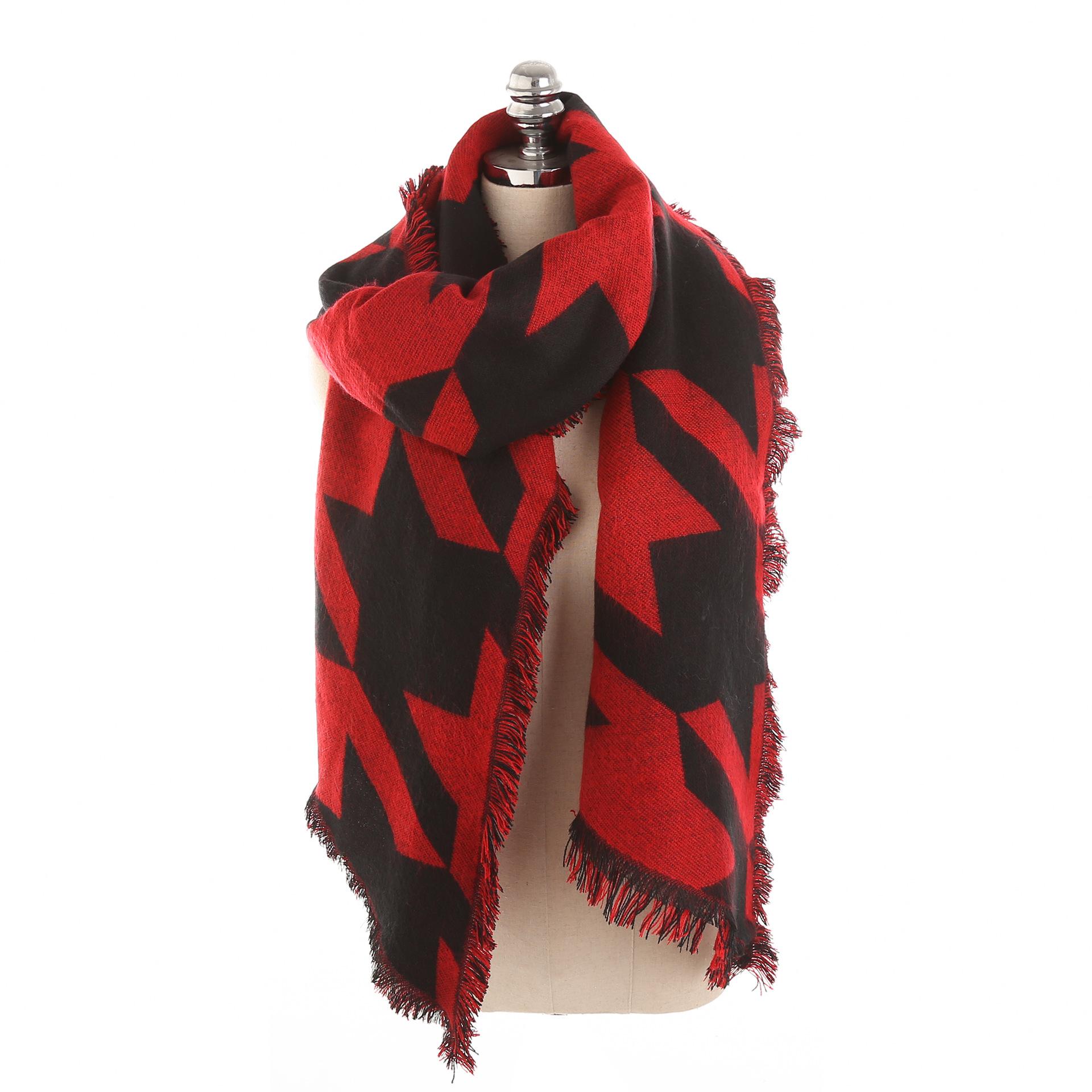 Winter Houndstooth Pattern Faux Cashmere Fringe Scarf For Women 22460 красный