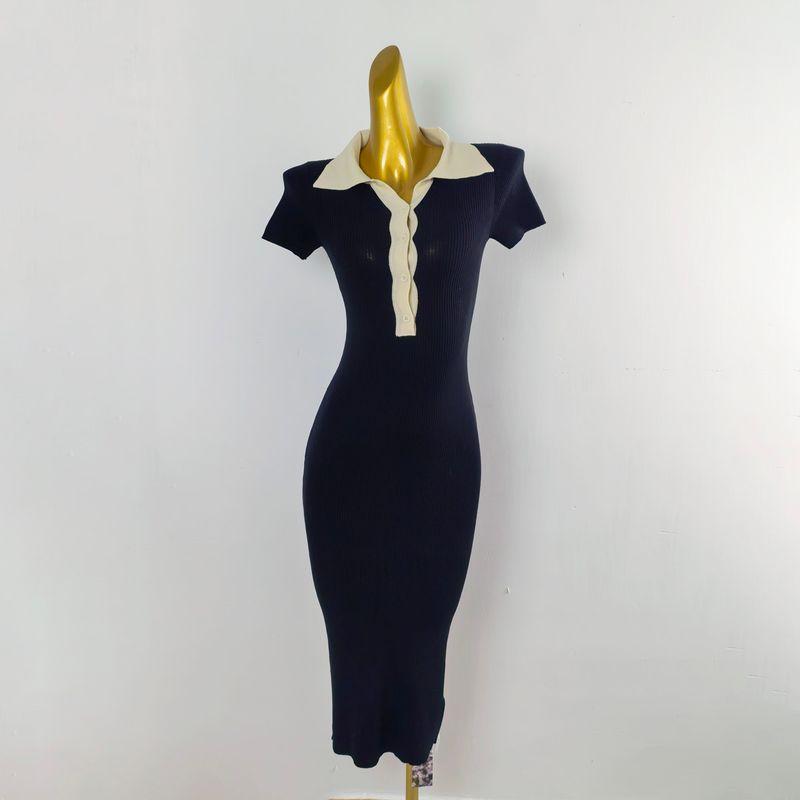 

French Fashion Temperament Hip Skirt Women s Clothing Summer Lapels Short Sleeve Waist-Controlled Slimming Long Sexy Knitting Dress Black All yards