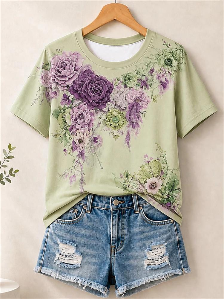 Women's Simple and Versatile Casual Short-Sleeve Floral Print Round-Neck Elegant T-Shirt Stylish Loose-Fitting Women's Top