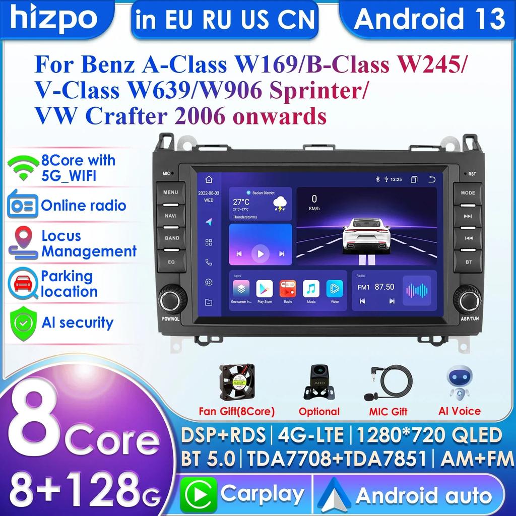Hizpo 8" Autoradio für Mercedes Benz W169 W245 B200 W906 Sprinter W639 Vito Kabelloses CarPlay Android Auto 4G DSP RDS 2din DVD Intelligenter Bildschirm