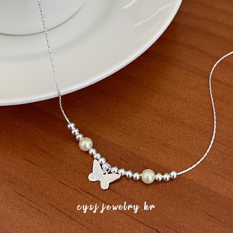 Cui Yan S925 Sterling Silver Korean Butterfly Pearl Necklace, Light Luxury Sweet Jewelry for Women.