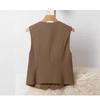 Women Brown V Neck Double Button Cropped Suit Vest Sleeveless Casual Waistcoat With Pockets