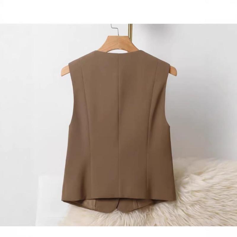 Women Brown V Neck Double Button Cropped Suit Vest Sleeveless Casual Waistcoat With Pockets
