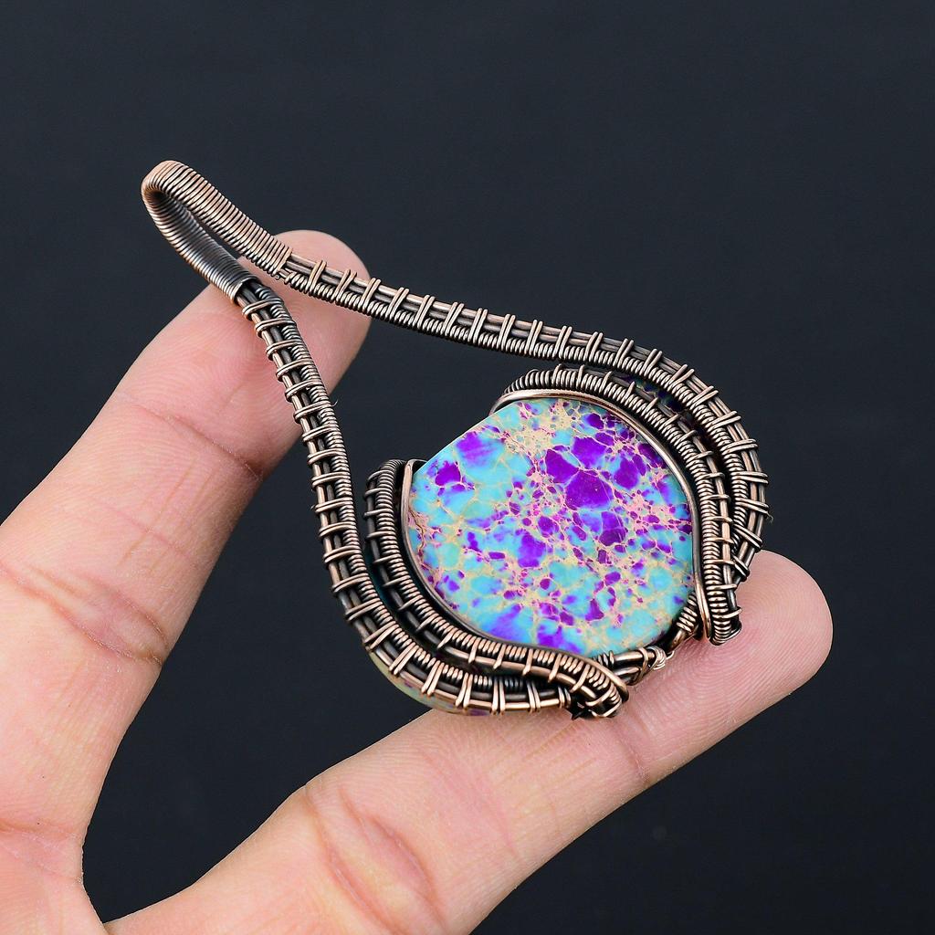 Blue Sea Sediment Gemstone Pure Copper Wire Wrapped Handmade Jewelry Pendant