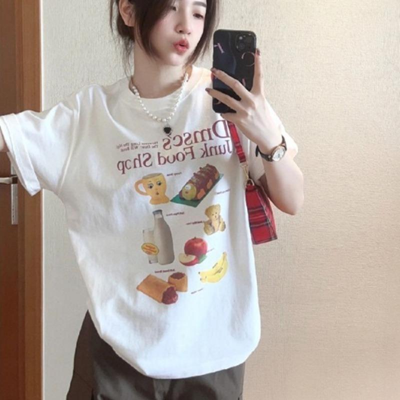 Fun Graffiti Cartoon Print Short Sleeved T-shirt White Women's Summer Loose Round Neck Casual Top with A Sense of Niche Design