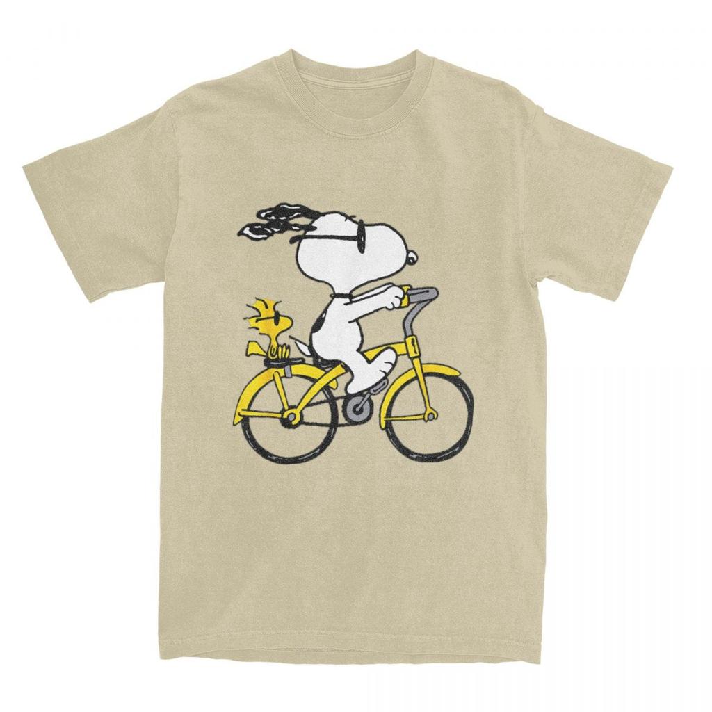 Miniso Peanuts Snoopy  Woodstock Riding Bike TShirt Men Women Leisure Cotton Tee Shirt O Neck T Shirts Gift Idea Clothing