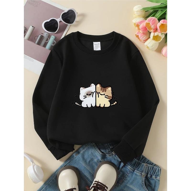 European Sizes Girls' Crewneck Sweatshirt with Cute Cat Couple Keychain Design,Soft and Comfortable, Slight Stretch, Casual Sportswear