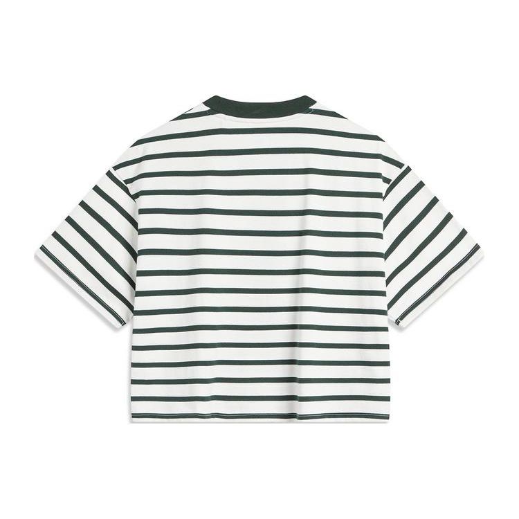 Li-Ning Weekend Youth Striped Short Sleeve Drop Shoulder T-Shirt Women Tops Off-White Vintage-Green AHSU720-2