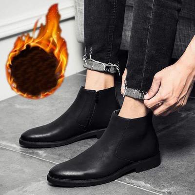 2024 Winter Shoes Mens Fashion Chelsea Boots Warm Plush Non-slip British Style Brand Male Ankle Boots Pure Black Footwear D197