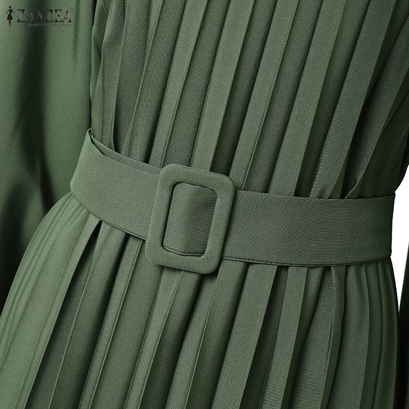 ZANZEA Dámské ležérní šaty s kulatým výstřihem, volné, s dlouhým rukávem, plisované, dlouhé