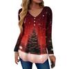 Women's Fashion Casual Christmas Tree Print V-Neck Decorative Button Long Sleeve T-Shirt Top