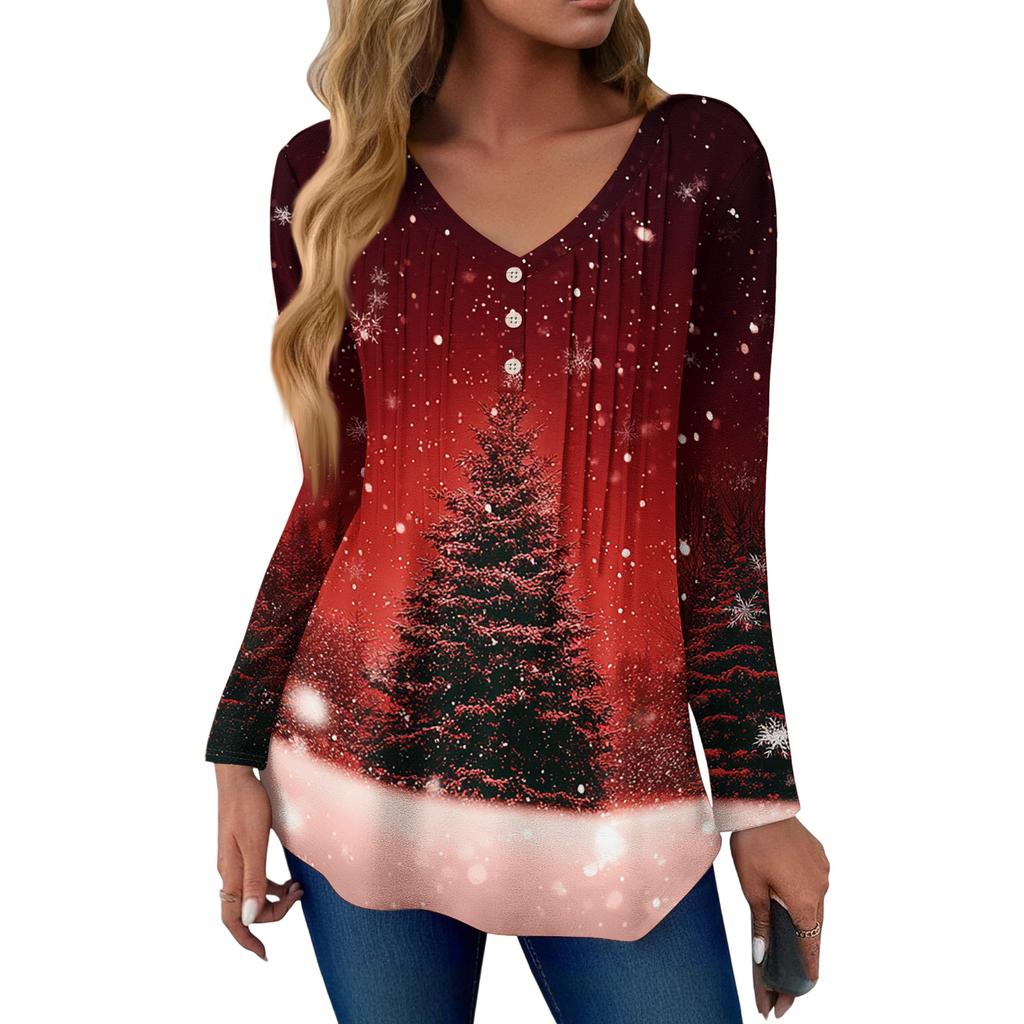 Women's Fashion Casual Christmas Tree Print V-Neck Decorative Button Long Sleeve T-Shirt Top