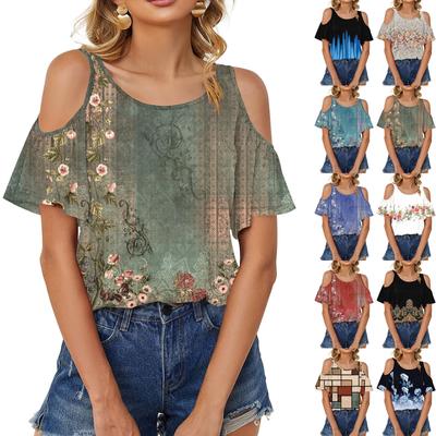 Lässiges, atmungsaktives, locker sitzendes, schulterfreies, kurzärmliges T-Shirt mit Blattmuster für Damen