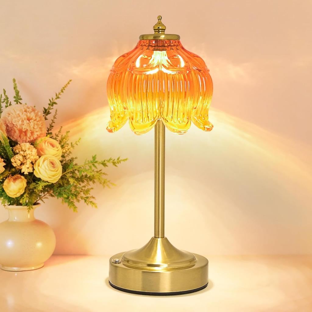 Cordless Table Lamp, Rechargeable Amber Glass Lotus Flower Lamp | 5200mAh touch lamp with 3 color modes and stepless dimming, battery operated lamp