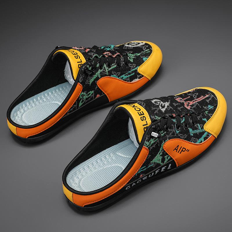 Pánské letní protiskluzové vulkanizované boty, módní poloviční pantofle, síťované látkové boty pro muže, ležérní boty, pohodlné, ploché boty