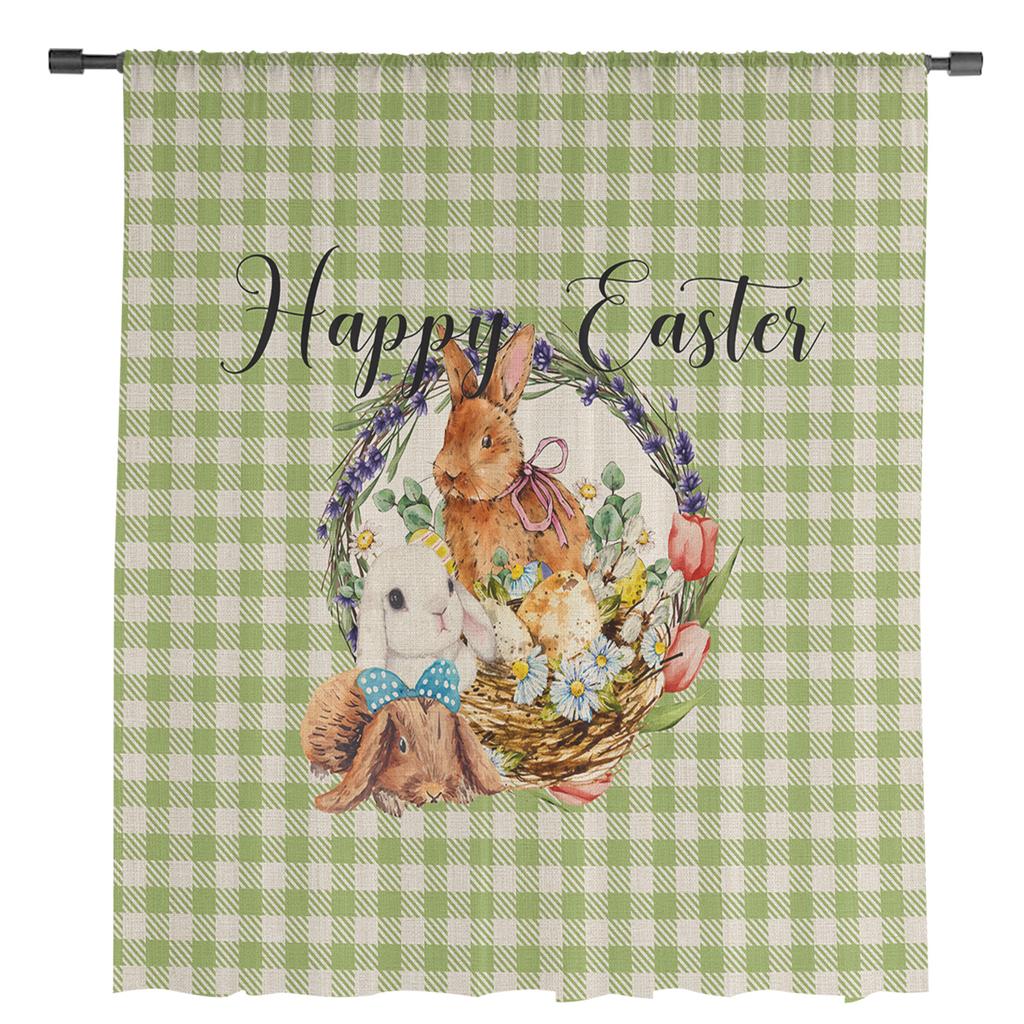 Easter Bunny Eggs Watercolor Plaid Tulle Curtains For Living Room Bedroom Voile Sheer Curtain Window Home Decor Drapes