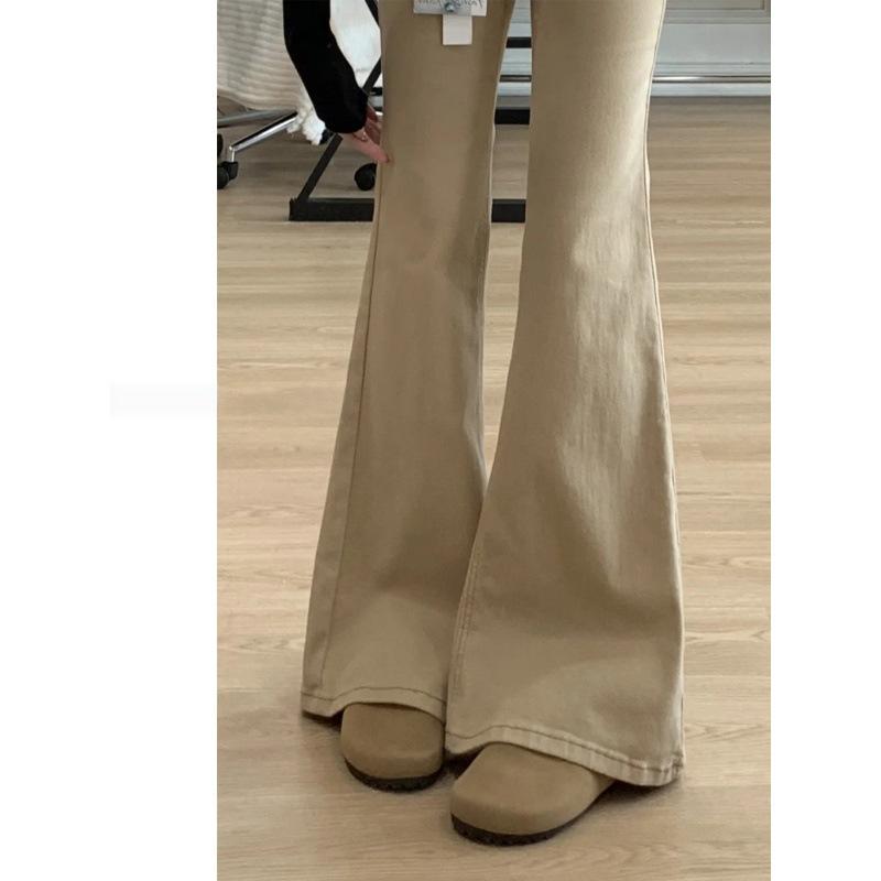 Khaki Plush Micro-Flare Low-Waist Jeans for Women, 2025 Autumn/Winter - Slimming Fit for Slightly Overweight Women
