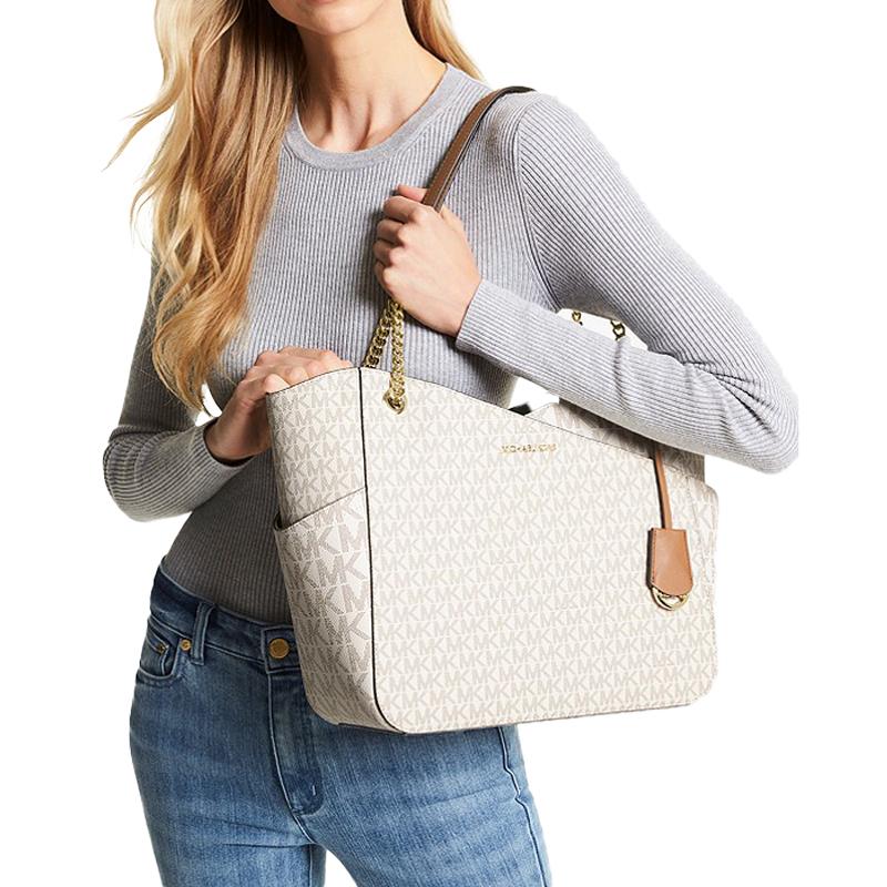 Michael Kors MK Jet Set Chain Logo Pendant Large Capacity Canvas Shoulder Bag Women Shoulder Bag Vanilla-White 35F1GTVT3B-VANILLA