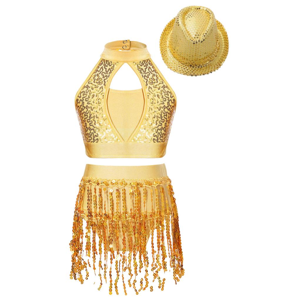 Girls Sleeveless Mock Neck Hollow Front Keyhole Back Sequin Patchwork Crop Top Sequins Tassel Briefs Hat