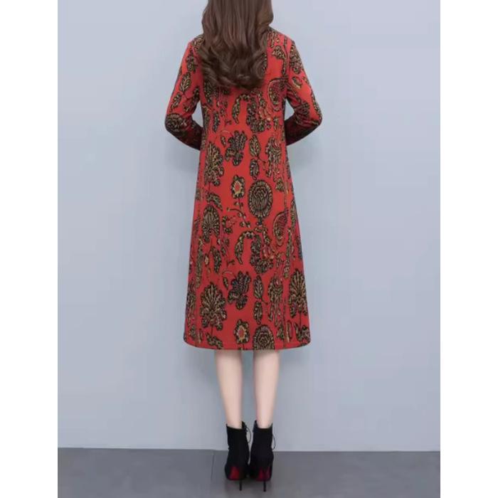 

Compound imitation super winter long-sleeved dress, fleece and thickened mother dress, medium and long over-the-knee thin bottoming skirt M красный