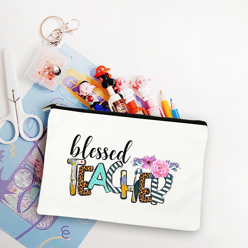 Blessed Teacher Life Leopard Makeup Bags Student White Pencil Pouch Teacher Shopping Handbag Storage Bag Teachers' Day Best Gift