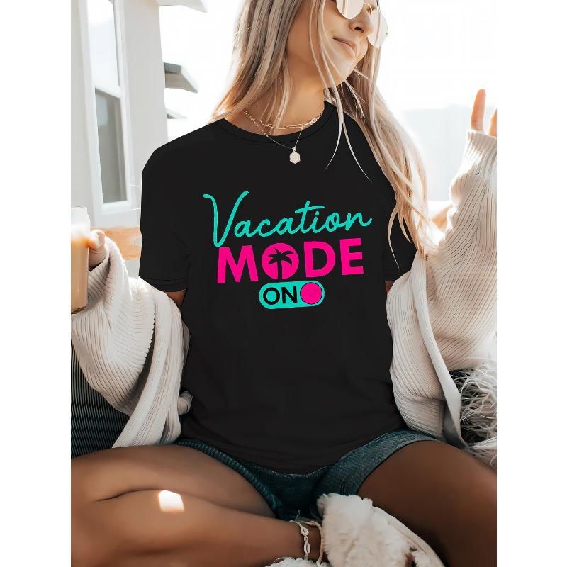 Plus Size, Vacation MODE ON Graphic Print Plus Size Women's T-shirt, Short Sleeve Crew Neck Casual Top for Summer & Spring, Women's Clothing