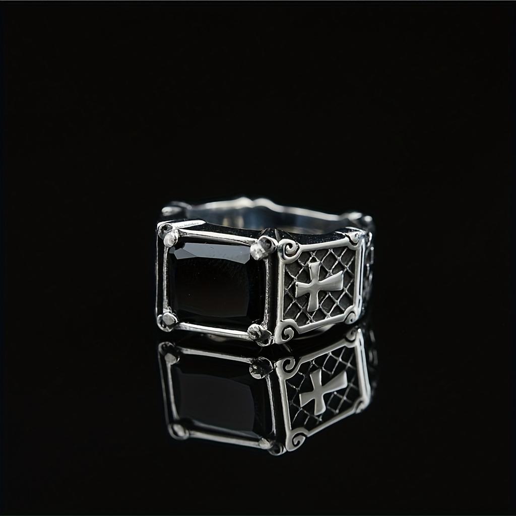 1pc Men's Cross Ring Personality Trendy Hip-hop Ring, Black Stone Open Ring Finger Ring
