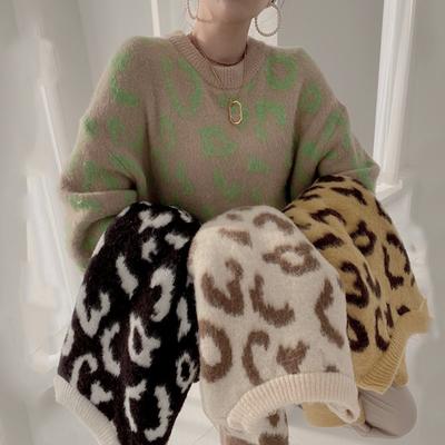 Chic Autumn Round Neck Leopard Print Loose Sweaters Women Winter Long Sleeve Warm Pullovers Sweater for Women Fashion Vintage Casual Jumpers Top 25438
