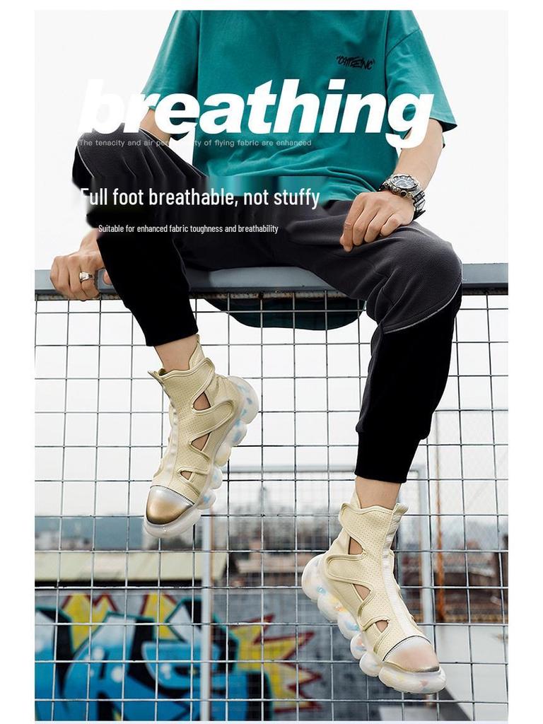 Men's Summer Fashion Popcorn Sandals - Breathable Leather Slip-On, Hollowed-Out, Soft Sole, High-Top Roman Style Shoes