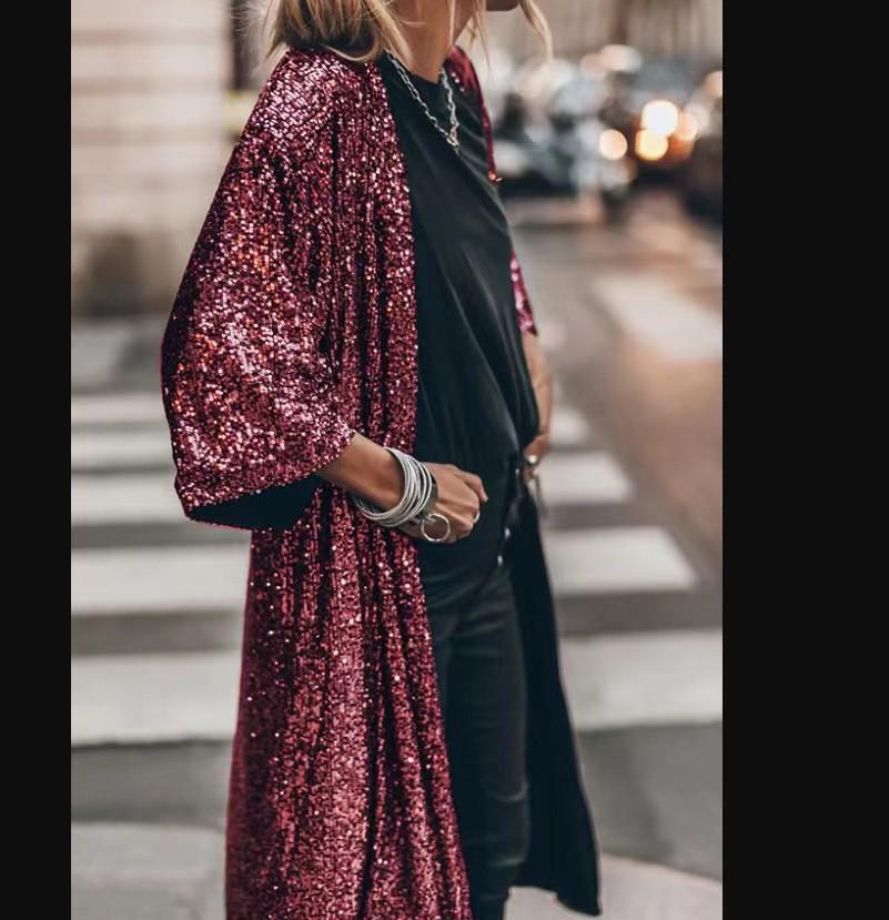 2025 Spring Fashion Women s Sequin Party Cardigan Jacket - European & American Style S/M вино красного