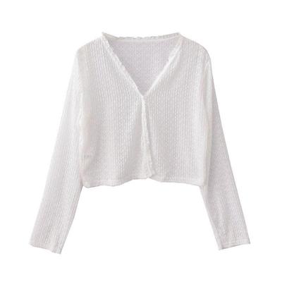 Women's Summer V-Neck Lace Trim Cardigan - Air-conditioned Ice Silk Knit, Sun Protection, Lightweight, Loose Fit, Long Sleeve.