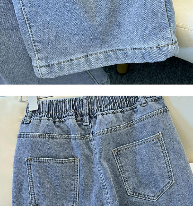 Women's Light Blue Plush Elastic Waist Wide-Leg Jeans, 2025 Spring/Autumn, Thickened, 9/10 Straight Leg.