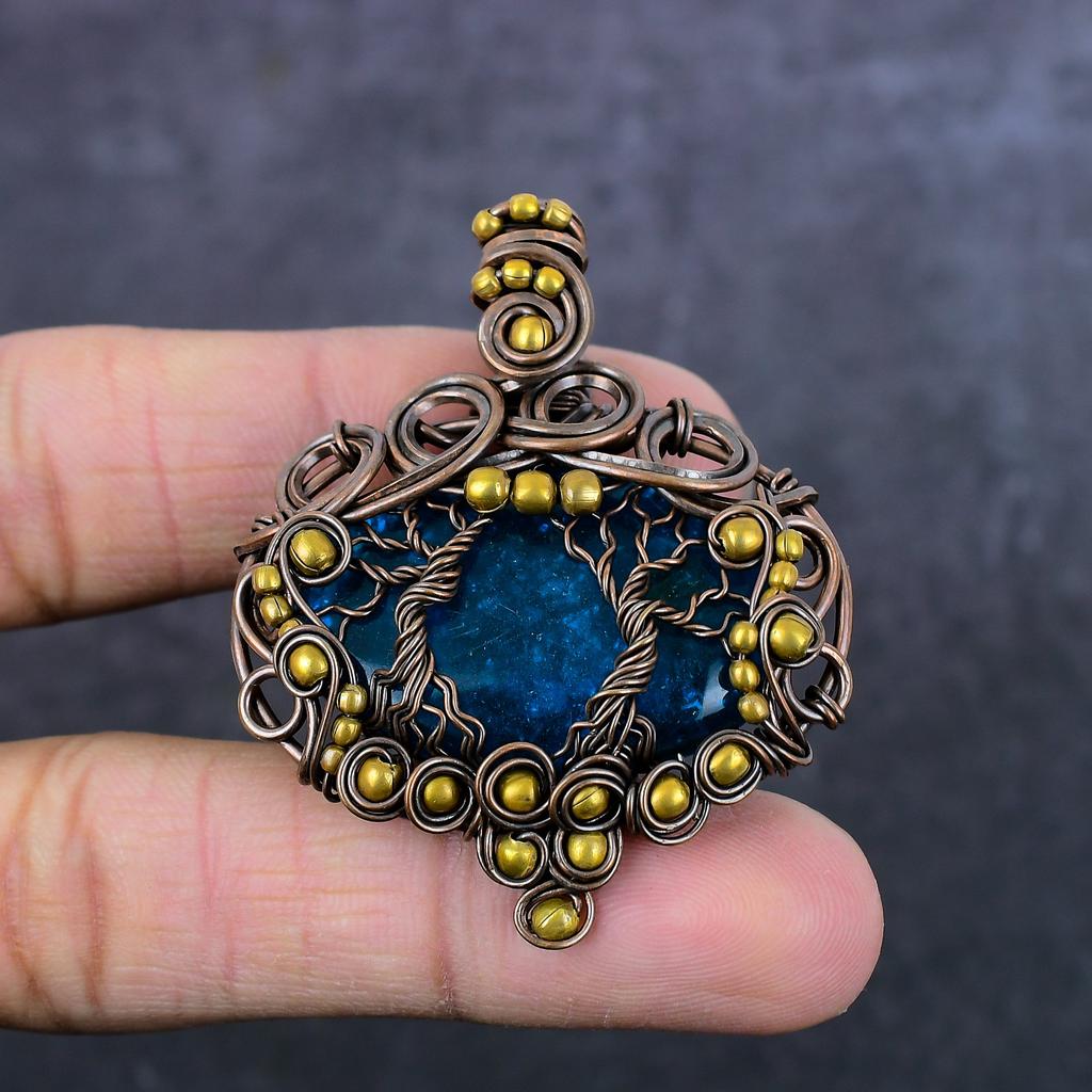 Natural Blue Baltic Amber Handmade Copper Wire Wrap Jewelry Pendant 2.13" D3F77