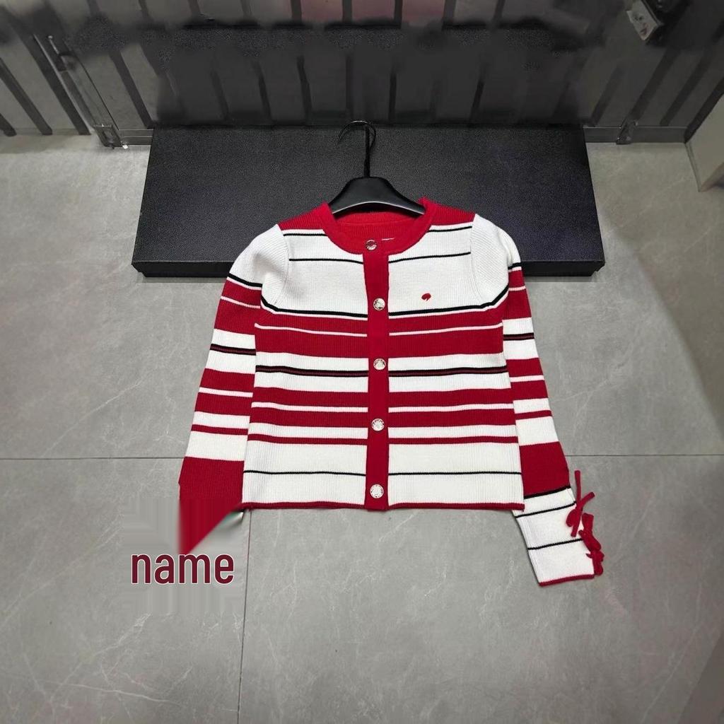 2025 Autumn/Winter Women's Striped Round Neck Knit Cardigan Long Sleeve Age-Defying Versatile Top