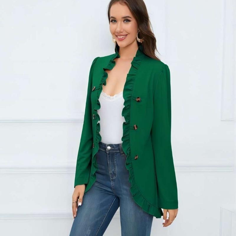 

Женский пиджак с оборками и открытым передом, застегивающийся на пуговицы, с длинными рукавами, повседневное облегающее короткое пальто для поездок на работу и обратно, осень L зелёный