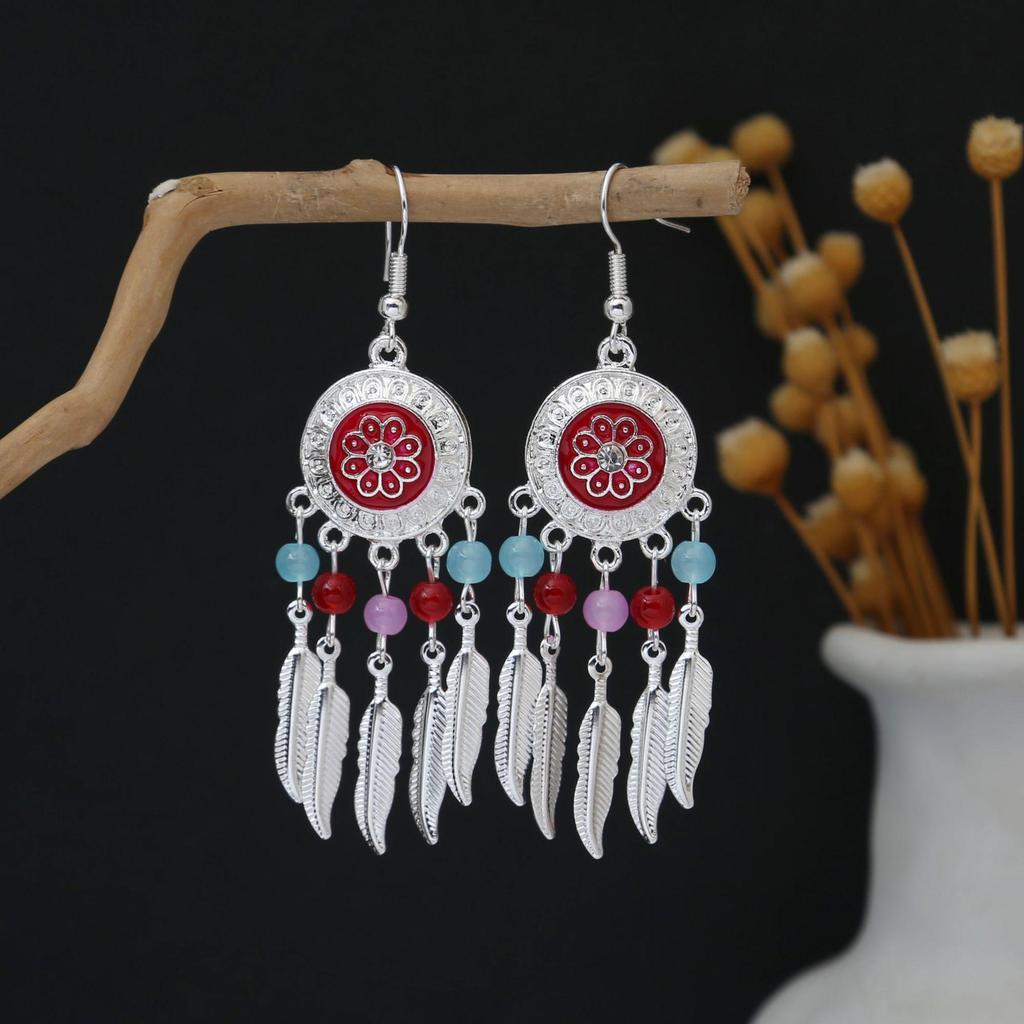 Personalized Bohemian Miao Silver Geometric Tassel Earrings