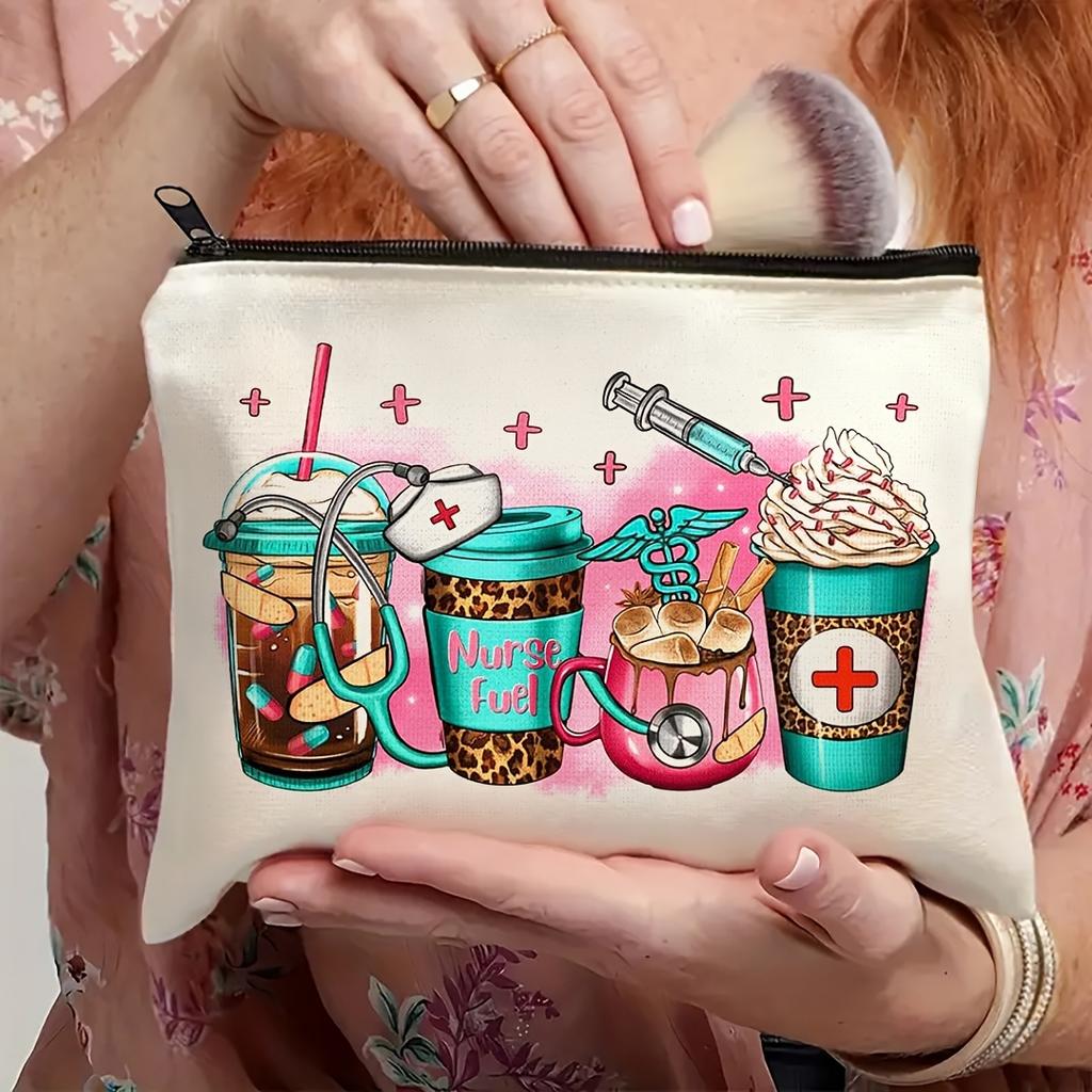 Chic Leopard Print Nurse Makeup Bag Gift for Nurses Polyester Portable Storage Bag Travel Cosmetic Pouch