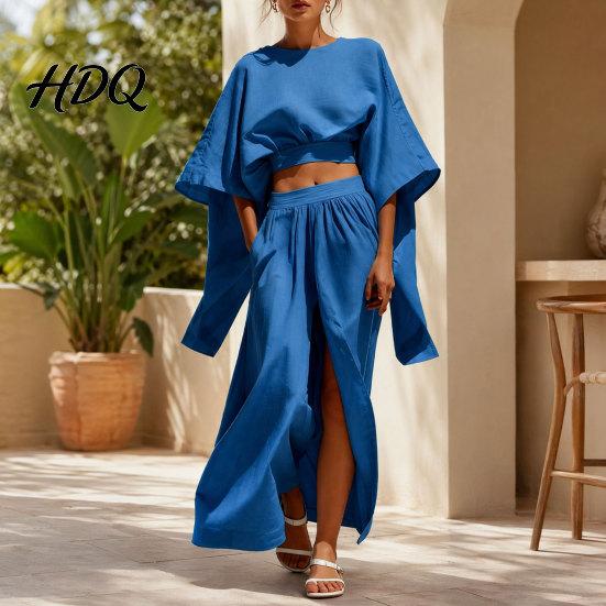 Polyester Fiber Outfit Women Summer 2 Piece Outfits Batwing Half Sleeve Crop